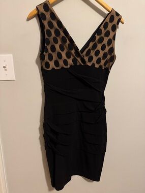 Saint Tropez West Black and Brown Polka Dot V-Neck Mini Dress